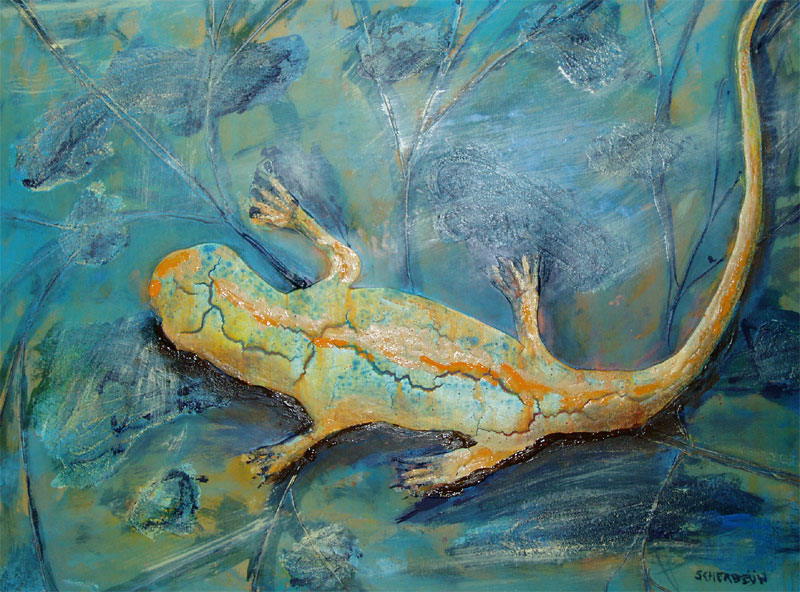 'salamanderbsweb' Ben Scherbeijn salamander on ice mixed media on panel 90 x 60 cm